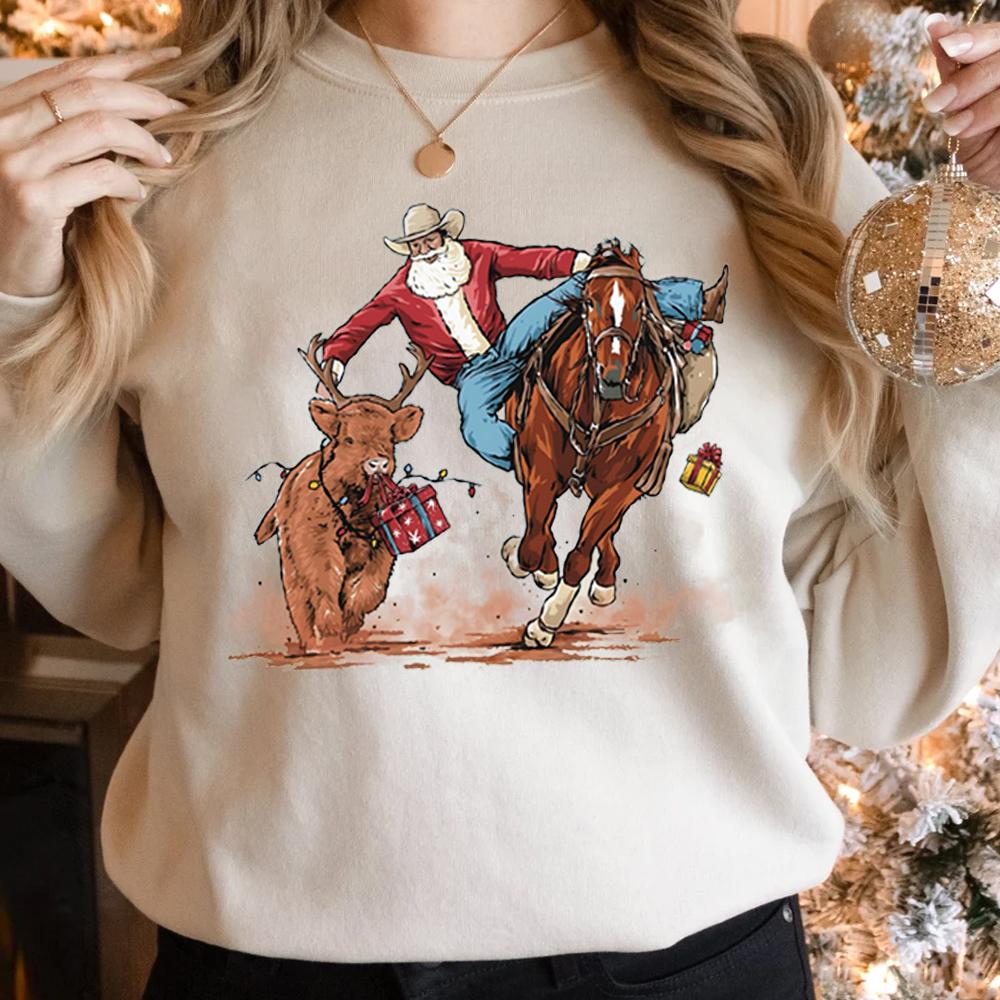 Santa bulldogging T-Shirt - Christmas Sweatshirt Hoodie For Men Forr Women