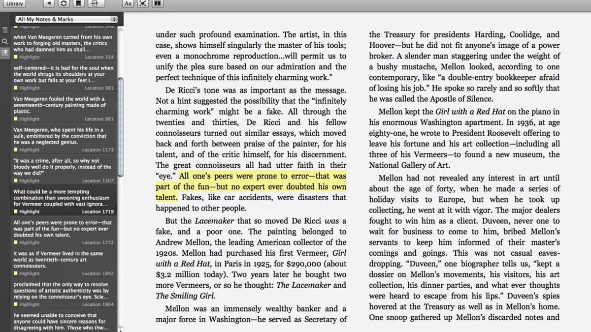Annotating Books on Screen With an Ebook Highlights and Notes Panel Ebook reading app with a yellow highlighted passage and a side panel listing every saved highlight with its location