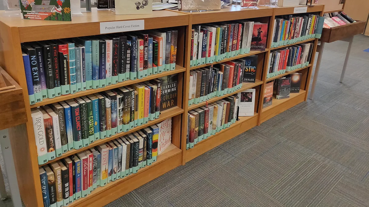 Public Library Shelves with Books on Display Wooden public library shelves full of novels with a few titles turned face out, a good starting point for reading challenge prompts