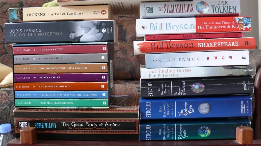 Two stacks of paperbacks and hardcovers on a sofa arm, unread books beside finished ones, a visual check on yearly reading goals