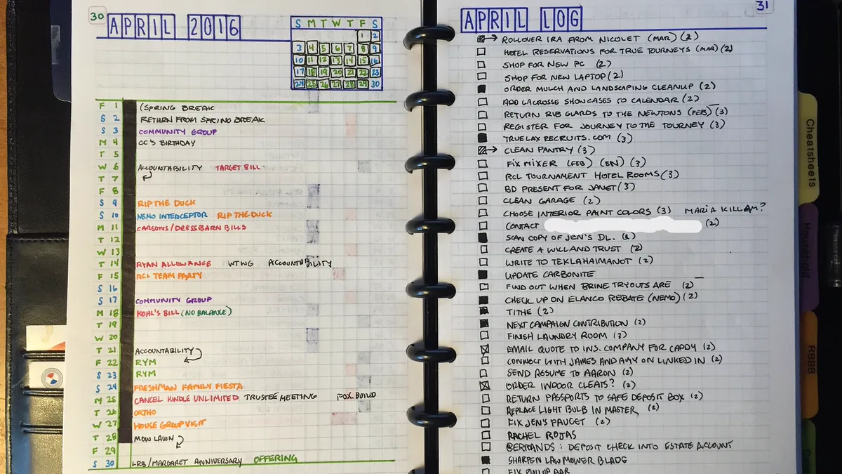Handwritten Monthly Log Spread in a Ring-Bound Journal Ring-bound journal open to a handwritten monthly calendar and checklist spread, a layout that adapts to a monthly reading log