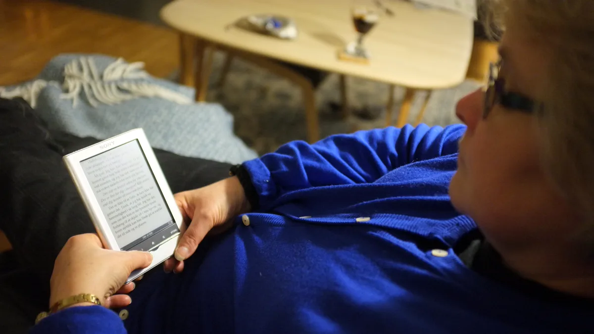Reader on a Sofa Holding an E-reader With No Apps Woman in a blue cardigan lying on a sofa holding an e-reader, reading at home without a phone during a reading slump