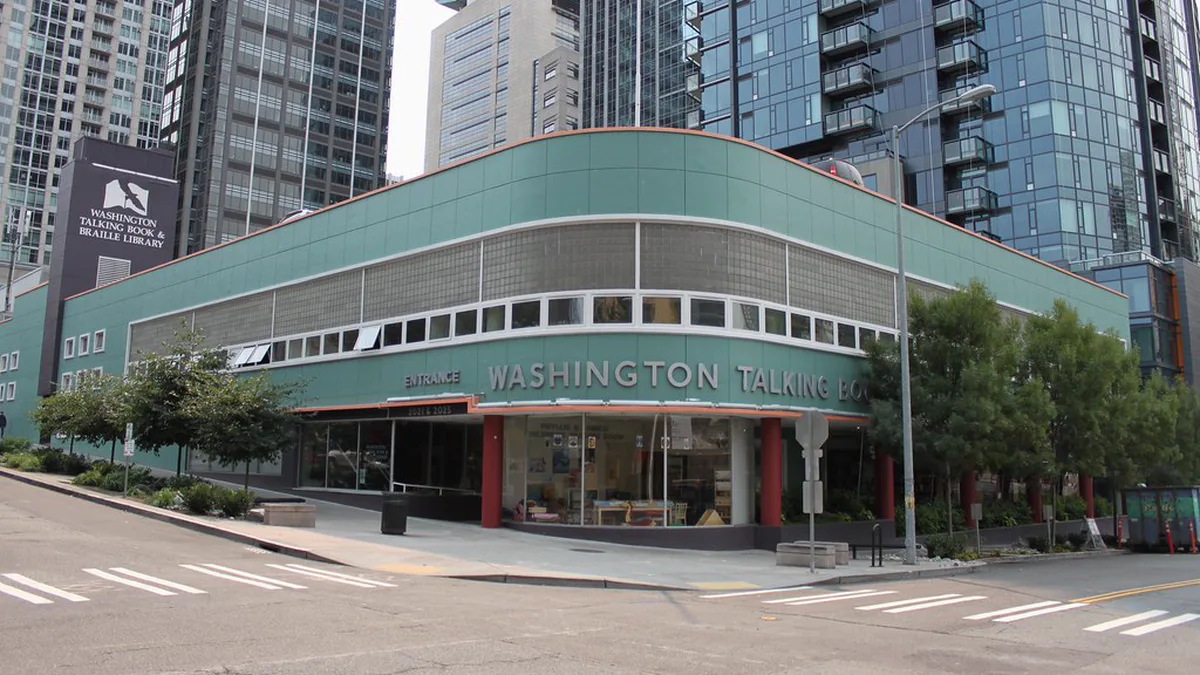 Washington Talking Book and Braille Library in Seattle The teal streamline building of the Washington Talking Book and Braille Library in Seattle, a free audiobook service for print-disabled readers