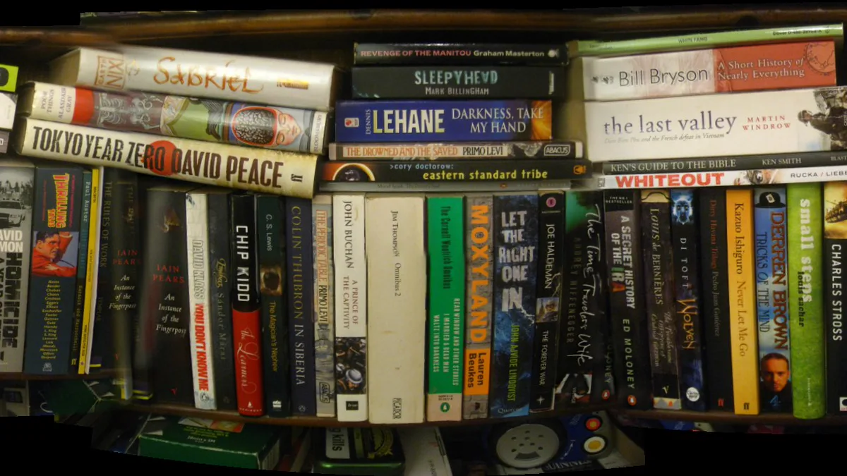 A Shelf of Unread Books Kept as a Reading List A wooden shelf packed with unread paperbacks stacked upright and sideways, one reader's whole to be read pile in one place